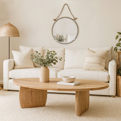 Mesa de centro fronda: Madera natural, Diseño sencillo y elegante, Funcional y robusta, Aporta calidez y sofisticación, Versátil (para estilos contemporáneos, rústicos y minimalistas).