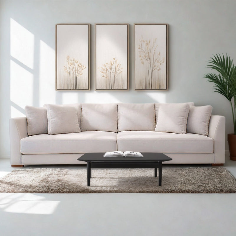 Sofá Must, estilizado, acogedor, estructura de madera solida, dos sofás tipo esquinero tapizados, tela color beige, cómodos cojines, estilo contemporáneo, moderno o ecléctico.